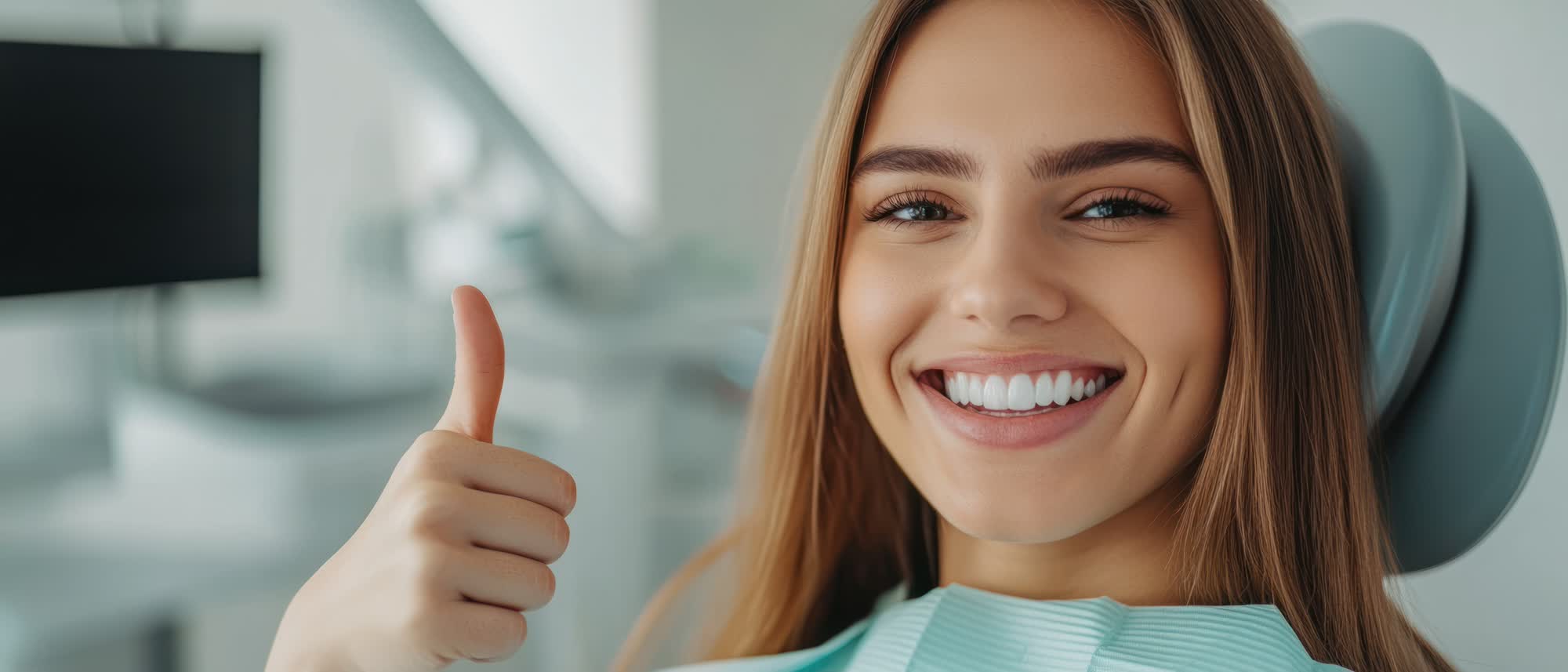 The image shows a woman with light skin smiling at the camera while giving a thumbs-up sign, wearing a blue surgical mask and a white dental chair behind her.